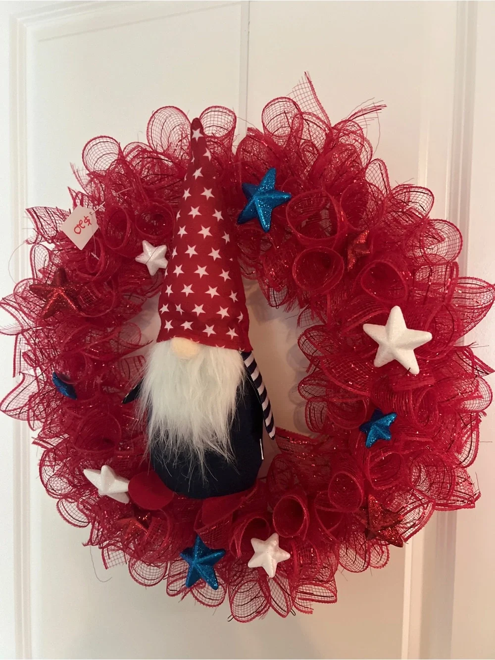 Patriotic Red Gnome Holiday Wreath - Home Holiday Decor Red White Blue
